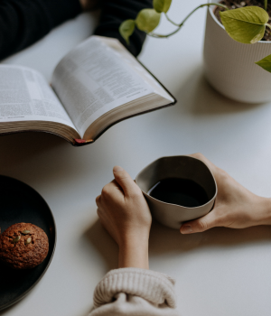 Hands with coffee and a book and plant